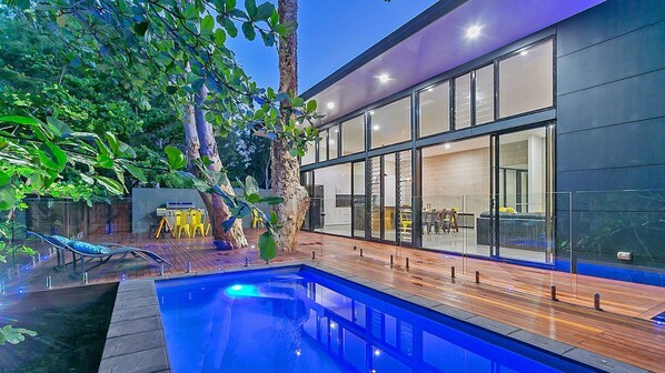 pool in outdoor eating area