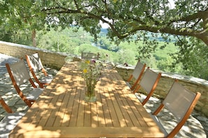 top terrace dining under oak tree