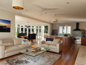 Newly renovated open plan kitchen, living, dining.
