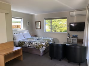 Bed and seating area with TV 