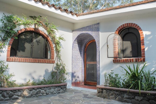 Beautiful blue and white Talavera tile entrance to Villa Taxco.