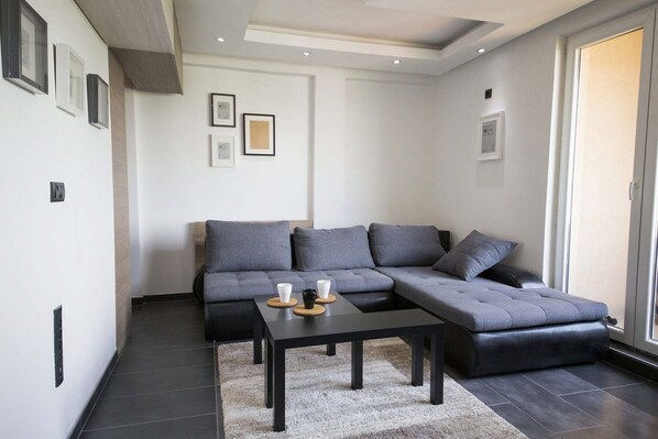 Angled Sofa - we love how comfortable it is. When pulled out it becomes a huge s