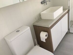 Modern and clean toiltet, includes a shower box