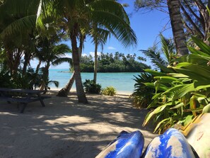 the beach & lagoon are a few steps more along the lawn. grab a kayak & go !