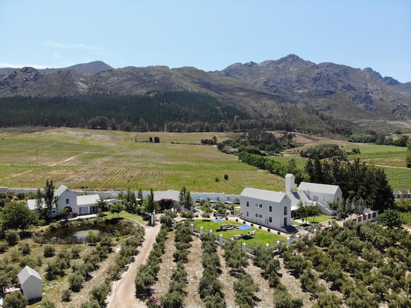 Gooding's Groves, birds eye view of The Manor House, garden, pool & olive groves