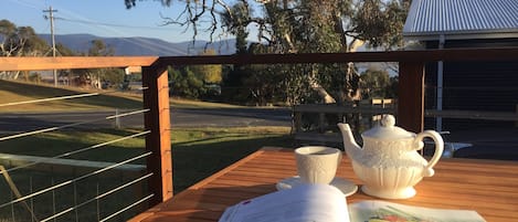 MORNING TEA - done right, with a good read and your favourite cuppa. Nice view!