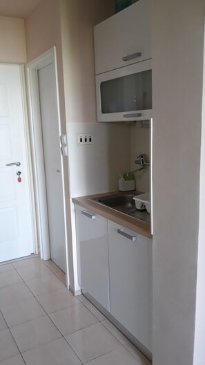 Entrance door and toilet door to the right side.