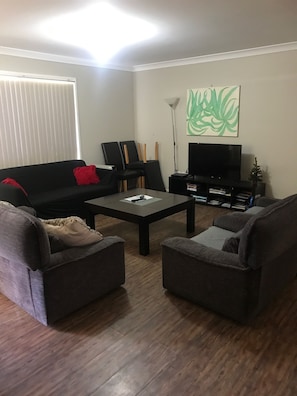 Living room with double sofa bed near the window