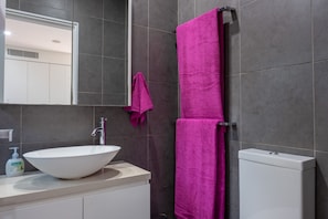 A shot of your luxuriously appointed bathroom, taken from the door