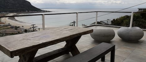 Views from the patio of Fish Hoek beach & False Bay. 