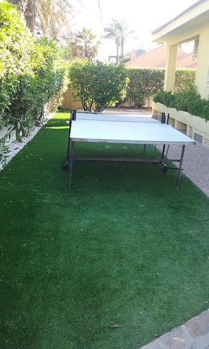 Lateral del jardín con mesa de pingpong