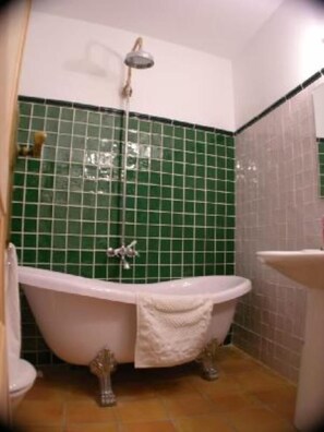 Main bathroom with feature bath and shower, twin sinks, toilet and bidet