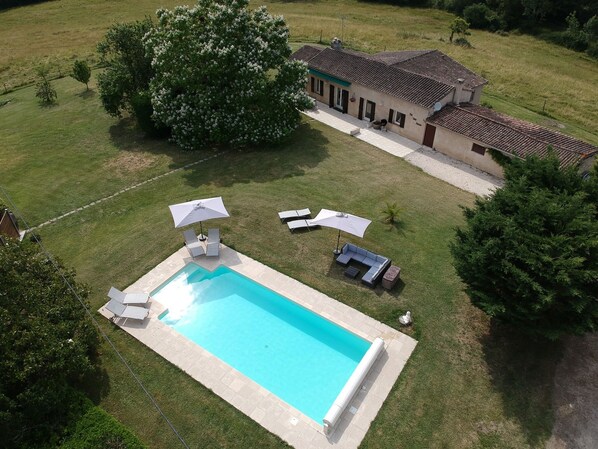 The Vine House - Aerial View of house and pool.