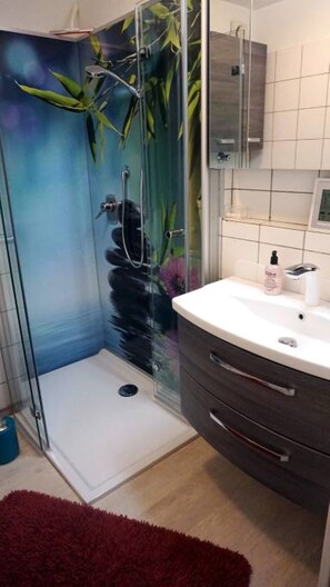 Walk-in shower with pleasant hand shower for full shower enjoyment