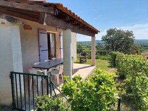 Terrasse avec salon de jardin et BBQ