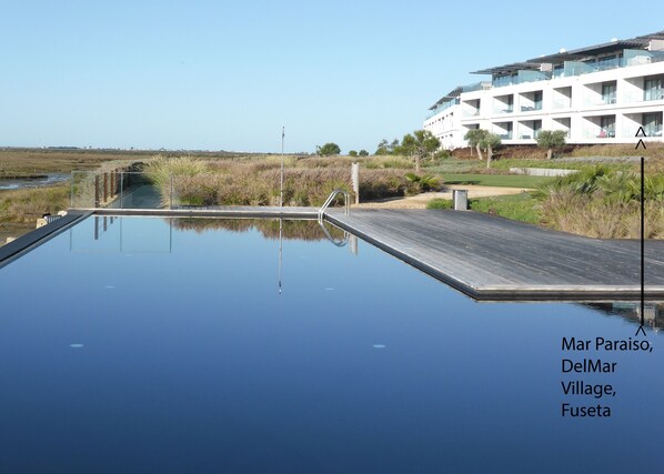 Del Mar village from infinity edge pool, looking towards Mar Paraiso