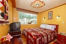 Standard room with queen bed, tv, wifi, wooden floor, mountain view