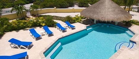 View of pool from 3 floor crow's nest, showing path to beach