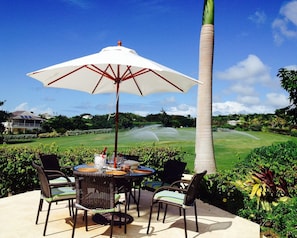 Outdoor seating area overlooking the golf course.