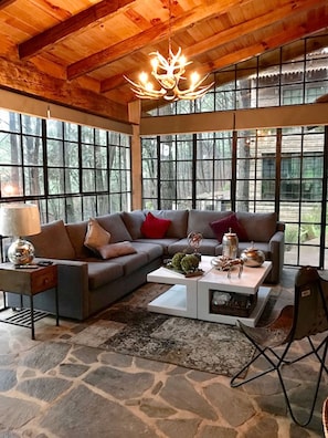 LIVING ROOM 49" SCREEN & SKY. 
WITH CHIMNEY.