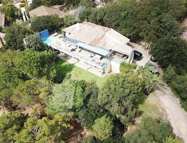 Aerial view of the garden and the house
