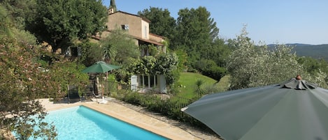 Pool and view to bedroom 2, end of terrace, large door to bedroom 3, & lawn