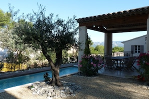 L'OLIVIER, LA TERRASSE COUVERTE ET LA PISCINE