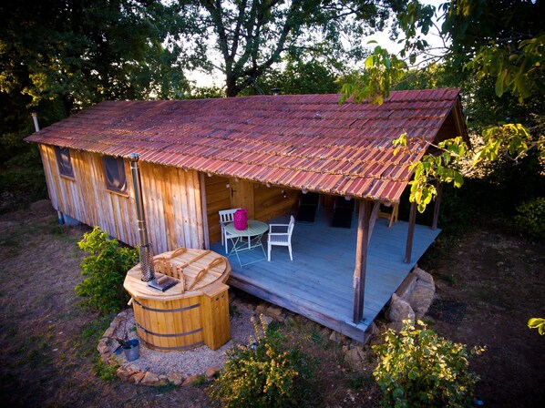The Cabin with hot-tub and covered deck - great for all weathers.