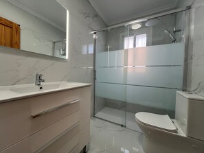 new in 2025 downstairs bathroom with a walk-in shower