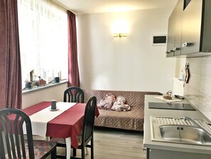 La cucina e la zona pranzo con tavolo e sedie, divano letto, cucina attrezzata.