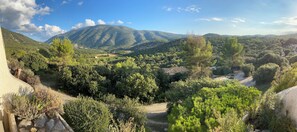 Panorama pris de la terrasse. 
Vue sur La Plate et le Mont-Ventoux