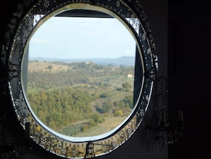 View reflected from Venetian mirror in kitchen