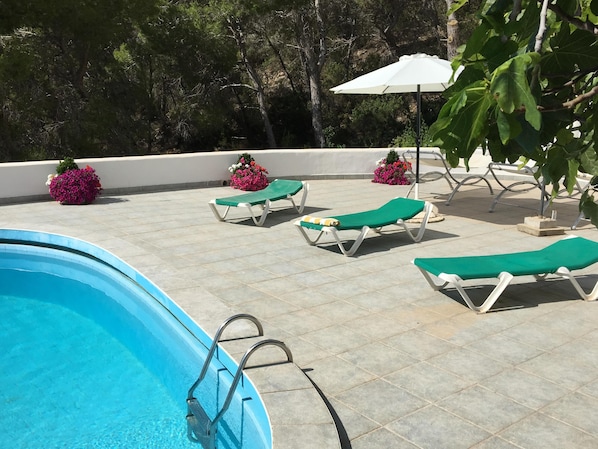The 220 sq.m. private pool terrace (not overlooked). Parasols hammocks & flowers