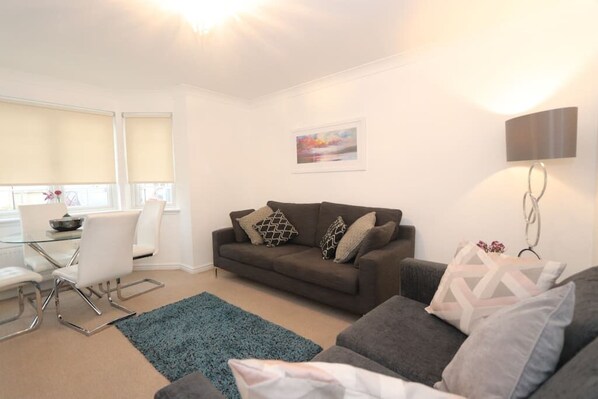 Spacious living room with dining area