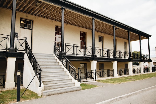 Exterior view of duplex apartment in grade II listed military barracks.