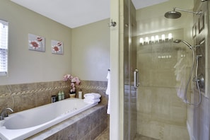 Master bathroom with shower and jacuzzi tub with jets