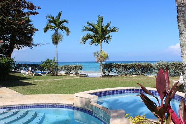 Spectacular beachside villa with pool in lush tropical garden 