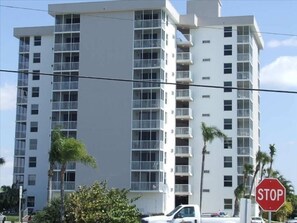 view of our building from the beach