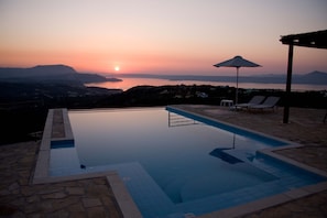 Villa Eleni infinity pool at sunset.