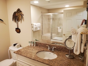 Spacious sparkling clean bathroom with upgraded lighting and granite countertops