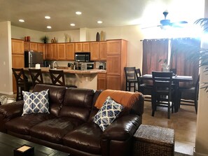 Family room, kitchen and dining area