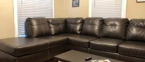 L shaped couch and coffee table