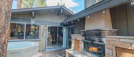 Outdoor fireplace and hot tub