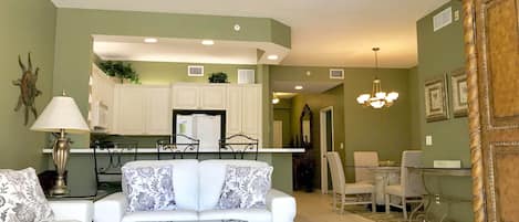 View of living room, kitchen & dining area