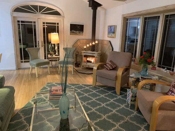 Warm and cozy woodburning fireplace.