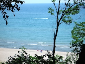 View of our 200 feet of private beach from our bluff overlooking Lake Michigan