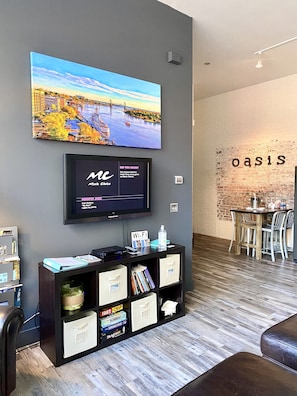 Flat screen TV, games and books for rainy and chill days.