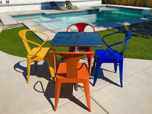 Colorful outdoor dining in the sun or in the shade.  There is plenty of both!