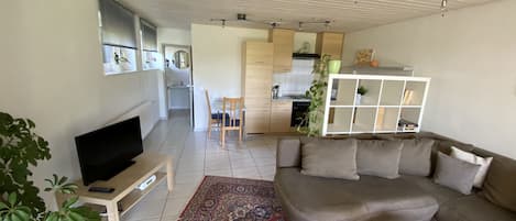 Ferienwohnung 57 qm, Wohnzimmer mit integrierter Küche, Badezimmer mit Dusche und WC-Wohnbereich mit Sofa, Küche und Essecke.