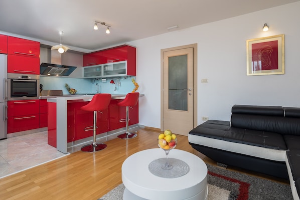 Kitchen area and living room